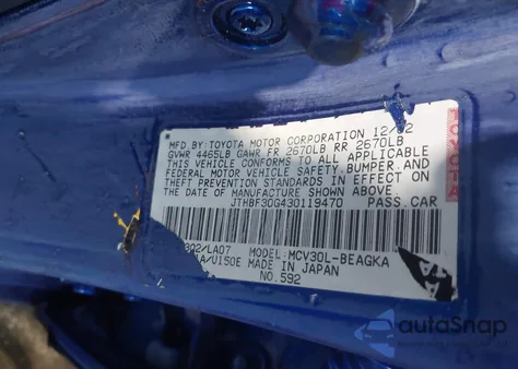 2003 Lexus Es 300 from USA, damaged, VIN JTHBF30G430119470